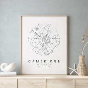 Cambridge United Kingdom, Digital Art Map, Digitaldruck Poster, Blau-Weiß Stadt karte, Unikat, Geschenkkarte, Zeitgenössische Karte, Moderne Karte 1