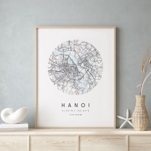 Hanoi Vietnam, Digitale Kunst Karte, Digitaldruck Poster, Blau und Weiß Stadt karte, Unikat, Geschenk karte, zeitgenössische Karte, Moderne Karte 1