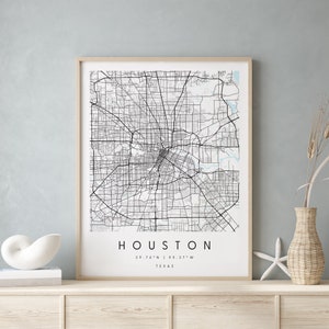Houston Texas, Carte d’art numérique, Affiche imprimée numérique, Carte de la ville bleue et blanche, Unique, Carte cadeau, Carte contemporaine, Carte moderne