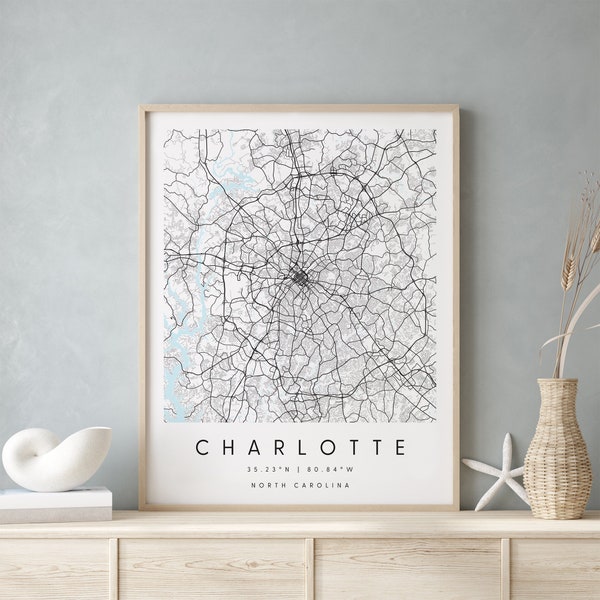 Charlotte North Carolina, Digital Art Map, Digital Print Poster, Blue and White City Map, Unique, Gift Map, Contemporary Map, Modern Map