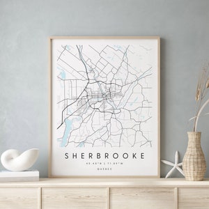 Sherbrooke Quebec, Digital Print Poster, Blue and White City Map, Unique, Gift Map, Contemporary Map, Modern Map