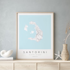Santorin Grèce, Affiche imprimée numérique, Carte de la ville bleue et blanche, Unique, Carte cadeau, Carte contemporaine, Carte moderne