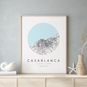 Casablanca Maroc, Carte d’art numérique, Affiche imprimée numérique, Carte de la ville bleue et blanche, Unique, Carte cadeau, Carte contemporaine, Carte moderne 2