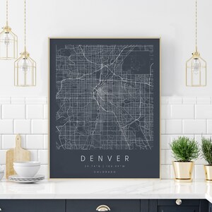 Denver Colorado, Digitale Kunst Karte, Digitaldruck Poster, Neutrale Marine und Weiße Stadt Karte, Unikat, Geschenk Karte, zeitgenössische Karte, moderne Karte