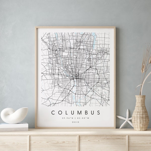 Columbus Ohio, Digital Art Map, Digital Print Poster, Blue and White City Map, Unique, Gift Map, Contemporary Map, Modern Map