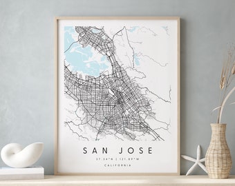 San Jose California, Digital Art Map, Digital Print Poster, Blue and White City Map, Unique, Gift Map, Contemporary Map, Modern Map