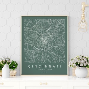 Cincinnati Ohio, Digitale Kunst Karte, Digitaler Druck Poster, Grün und Weiß Stadt Karte, Unikat, Geschenk Karte, zeitgenössische Karte, moderne Karte