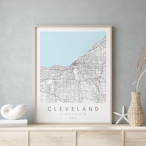 Cleveland Ohio, Mapa de arte digital, Póster impreso digital, Mapa de la ciudad azul y blanco, Único, Mapa de regalo, Mapa contemporáneo, Mapa moderno