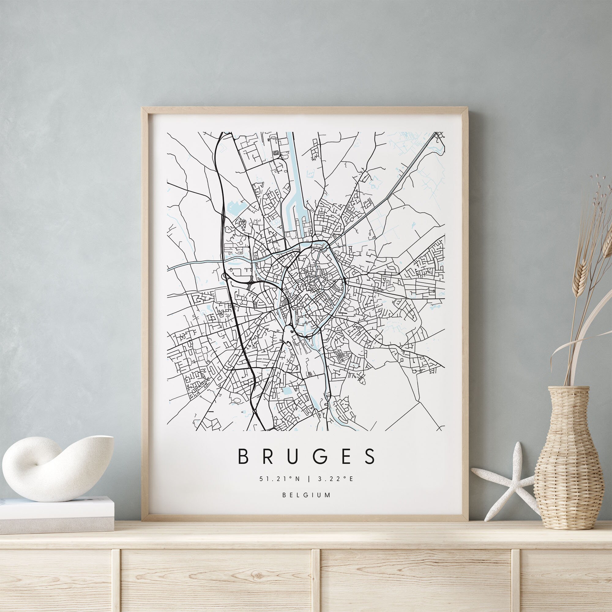 Bruges Belgium, Printable City Map, Blue & White Wall Art, Modern Map Print, Travel Gift, Home Decor, Minimalist Poster