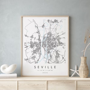 Sevilla Spanien, Digitale Kunst Karte, Digitaldruck Poster, Blau und Weiß Stadtplan, Unikat, Geschenkkarte, Zeitgenössische Karte