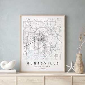 Huntsville Alabama, Digitale Kunst Karte, Digitaldruck Poster, Blau weiß Stadt karte, Unikat, Geschenk karte, zeitgenössische Karte, Moderne Karte