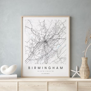 Birmingham Alabama, Digitale Kunst kaart, Digital Print Poster, Blauw en Wit Stadskaart, Uniek, Gift Map, Hedendaagse Kaart, Moderne Kaart