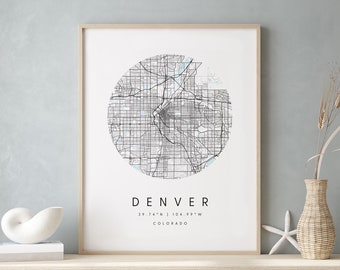 Denver Colorado, Digital Art Map, Digital Print Poster, Blue and White City Map, Unique, Gift Map, Contemporary Map, Modern Map 1