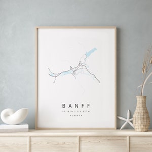 Banff Alberta, Digitale Kunst Karte, Digitaldruck Poster, Blau weiß Stadt karte, Unikat, Geschenk karte, zeitgenössische Karte, Moderne Karte 1