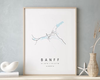 Banff Alberta, Digital Art Map, Digital Print Poster, Blue and White City Map, Unique, Gift Map, Contemporary Map, Modern Map 1
