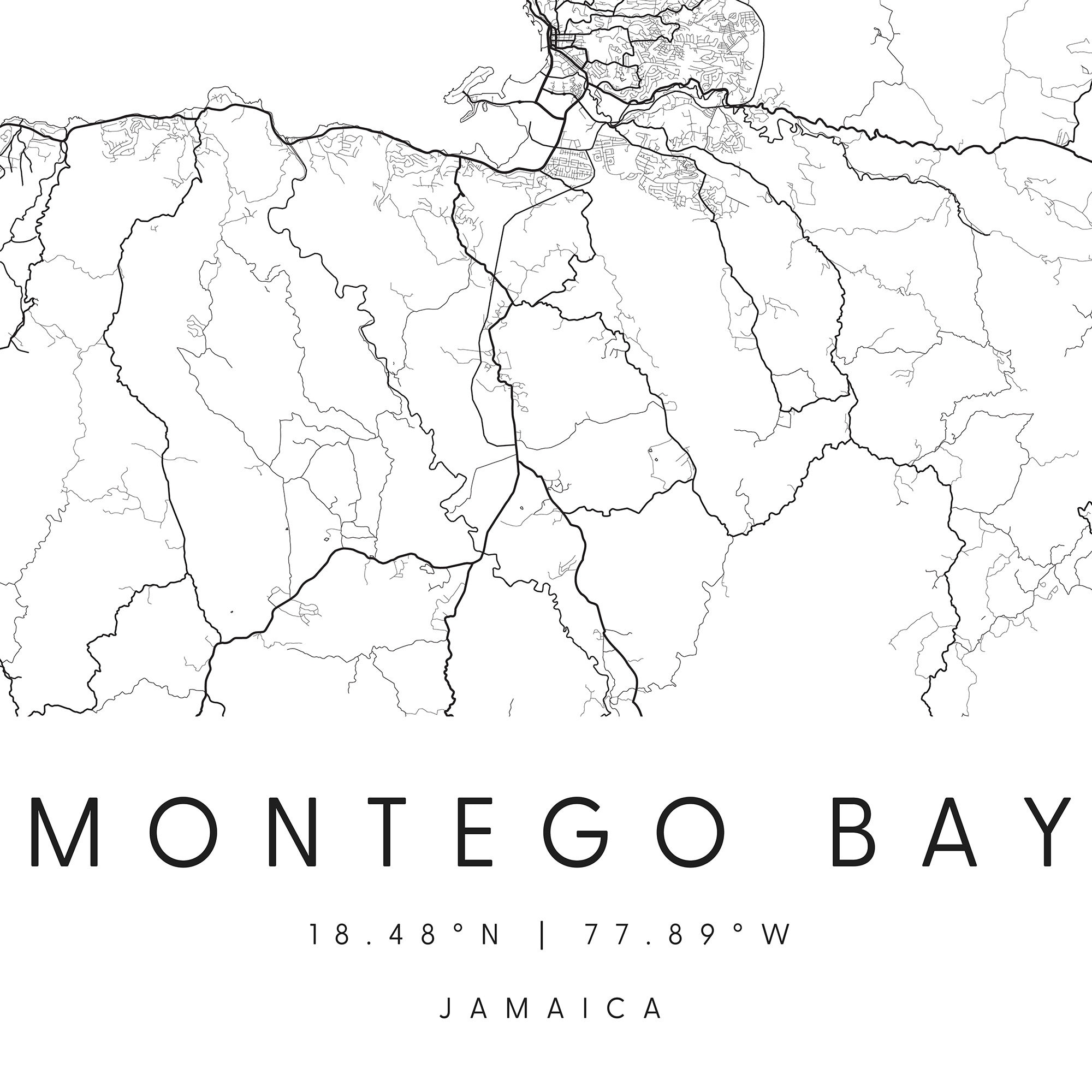 Montego Bay Jamaica, Digital Art Map, Digital Print Poster, Black and White City Map, Unique