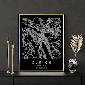 Zürich Schweiz, Digitale Kunst Karte, Digitaldruck Poster, Schwarz-Weiß Stadtplan, Unikat, Geschenkkarte, Zeitgenössische Karte, Moderne Karte 2