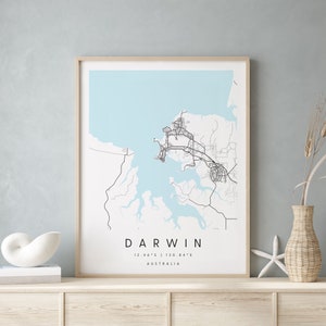 Darwin Australien, Digital Art Map, Digitaldruck Poster, Blau-Weiß Stadt karte, Unikat, Geschenkkarte, Zeitgenössische Karte, Moderne Karte