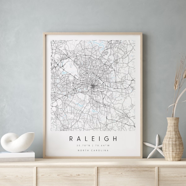 Raleigh North Carolina, Digital Art Map, Digital Print Poster, Blue and White City Map, Unique, Gift Map, Contemporary Map, Modern Map