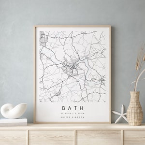Bath United Kingdom, Digital Art Map, Digitaldruck Poster, Blau-Weiß Stadtplan, Unikat, Geschenkkarte, Zeitgenössische Karte, Moderne Karte