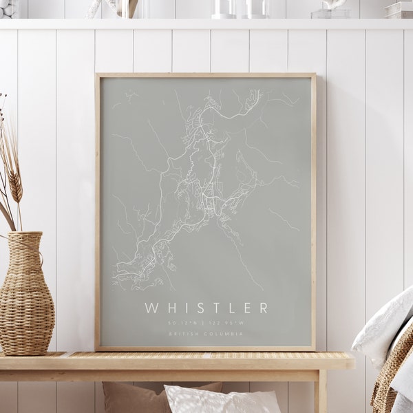 Whistler British Columbia, Digital Art Map, Digital Print Poster, Gray and White City Map, Unique, Gift, Contemporary Map, Modern