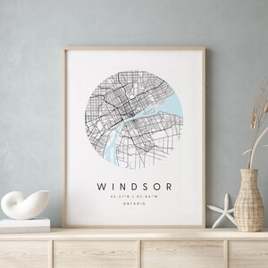 Windsor Ontario, Digitaldruck Poster, Blau-Weiße Stadt karte, Unikat, Geschenkkarte, Zeitgenössische Karte, Moderne Karte 1