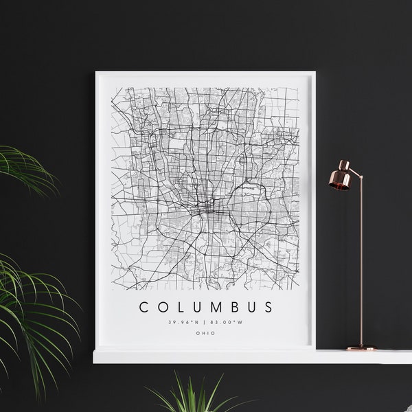 Columbus Ohio, Digital Art Map, Digital Print Poster, Black and White City Map, Unique, Gift Map, Contemporary Map, Modern Map