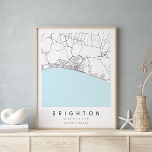Brighton United Kingdom, Digital Art Map, Digitaldruck Poster, Blau-Weiß Stadt karte, Unikat, Geschenkkarte, Zeitgenössische Karte, Moderne Karte