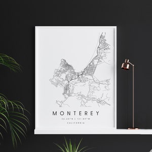 Monterey Califórnia, mapa de arte digital, pôster de impressão digital, mapa da cidade em preto e branco, exclusivo, mapa para presentes, mapa contemporâneo, mapa moderno