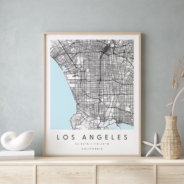 Los Angeles California, Digital Art Map, Digital Print Poster, Blue and White City Map, Unique, Gift Map, Contemporary Map, Modern Map