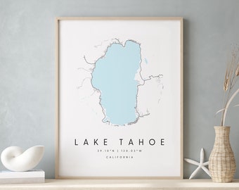 Lake Tahoe California, Digital Art Map, Digital Print Poster, Blue and White City Map, Unique, Gift Map, Contemporary Map, Modern Map 2