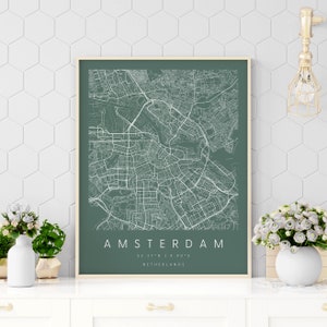 Amsterdam Nederland, Digitale Kunst Kaart, Digitale Print Poster, Groen en Wit Stadsplattegrond, Uniek, Cadeaukaart, Hedendaagse Kaart, Moderne Kaart