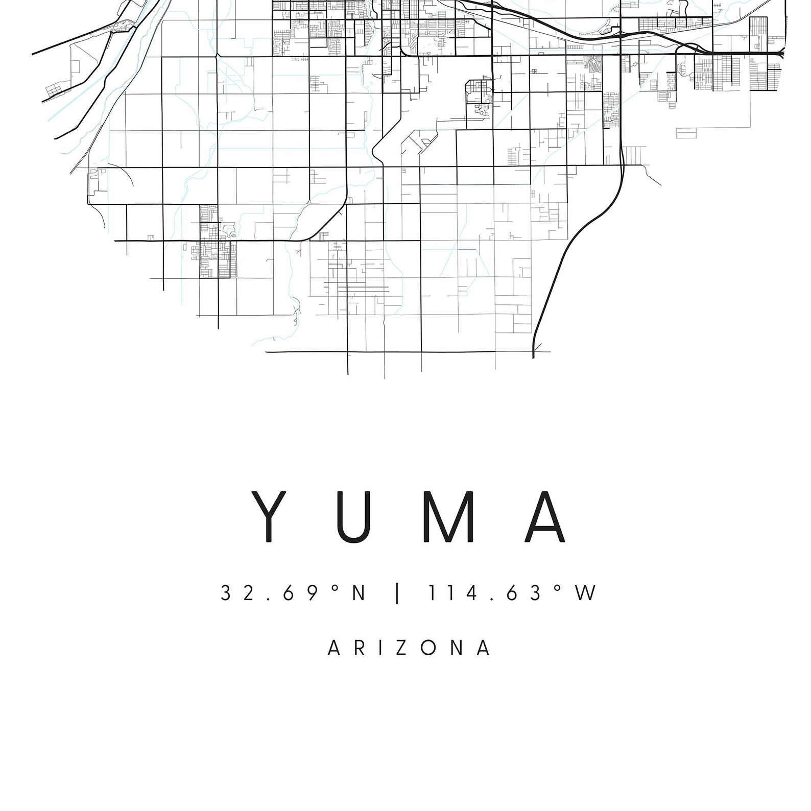 Yuma Arizona, Digital Art Map, Digital Print Poster, Blue and White City Map, Unique, Gift Map