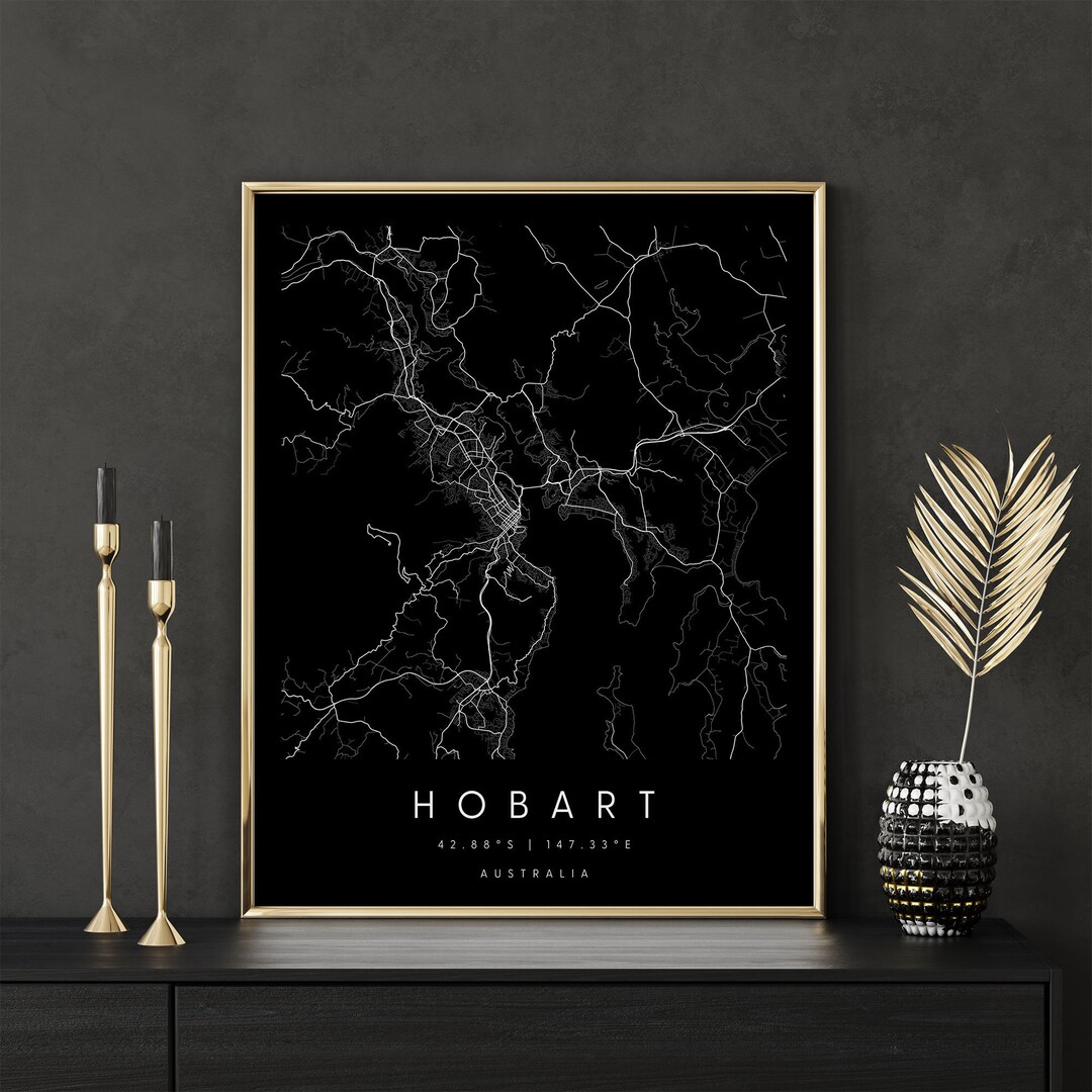 Hobart Australia, Digital Art Map, Digital Print Poster, Black and