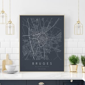 Brügge Belgien, Digitale Kunst Karte, Digitaler Druck Poster, Neutrale Marine und Weiße Stadtplan, Unikat, GeschenkKarte, zeitgenössische Karte, moderne Karte