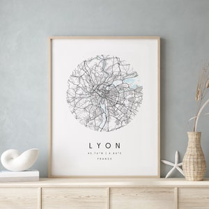 Lyon France, Digital Art Map, Digital Print Poster, Blue and White City Map, Unique, Gift Map, Contemporary Map, Modern Map 1