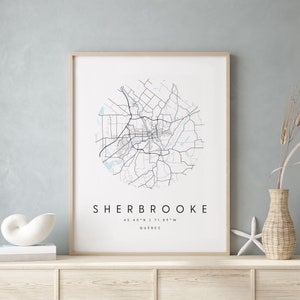 Sherbrooke Quebec, Digital Print Poster, Blue and White City Map, Unique, Gift Map, Contemporary Map, Modern Map 1