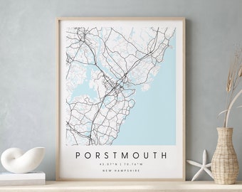 Portsmouth New Hampshire, Digital Art Map, Digital Print Poster, Blue and White City Map, Unique, Gift Map, Contemporary Map, Modern Map