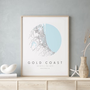 Gold Coast Australien, Digitale Kunst Karte, Digitaldruck Poster, Blau weiß Stadt karte, Unikat, Geschenk karte, zeitgenössische Karte, Moderne Karte 2