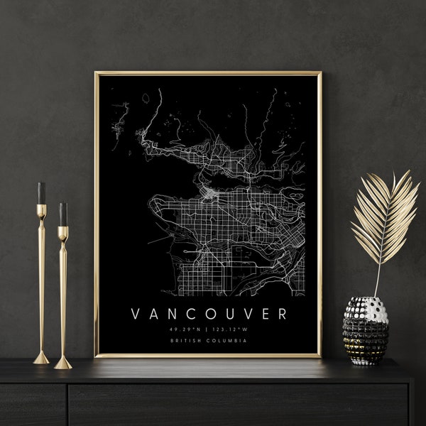 Vancouver British Columbia, Digital Art Map, Digital Print Poster, Black and White City Map, Unique, Gift Map, Contemporary Map, Modern Map2