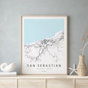 San Sebastian Spanien, Digitale Kunst Karte, Digitaldruck Poster, Blau weiß Stadt karte, Unikat, Geschenk karte, zeitgenössische Karte, Moderne Karte