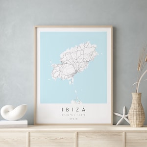 Ibiza Spanien, Digitale Kunst Karte, Digitaldruck Poster, Blau und Weiß Stadt karte, Unikat, Geschenk karte, zeitgenössische Karte, Moderne Karte