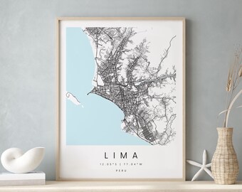 Lima Peru, Digitale Kunst Karte, Digitaldruck Poster, Blau und Weiß Stadt karte, Unikat, Geschenk karte, zeitgenössische Karte, Moderne Karte