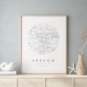 Cracovie, Pologne, plan de la ville imprimable, art mural bleu et blanc, impression de carte moderne, cadeau de voyage, décoration d&#39;intérieur, affiche minimaliste 1