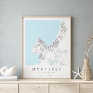 Monterey California, Digital Art Map, Digital Print Poster, Blue and White City Map, Unique, Gift Map, Contemporary Map, Modern Map