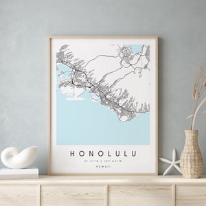 Honolulu Hawaii, Printable City Map, Blue & White Wall Art, Modern Map Print, Travel Gift, Home Decor, Minimalist Poster