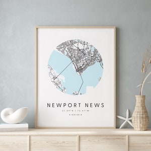 Newport News, Digital Art Map, Digitaldruck Poster, Blau-Weiß Stadtplan, Unikat, Geschenkkarte, Zeitgenössische Karte, Moderne Karte 2