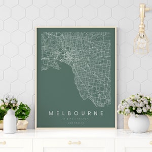 Melbourne Australie, Carte d’art numérique, Affiche numérique, Carte de la ville verte et blanche, Unique, Carte cadeau, Carte contemporaine, Carte moderne 2