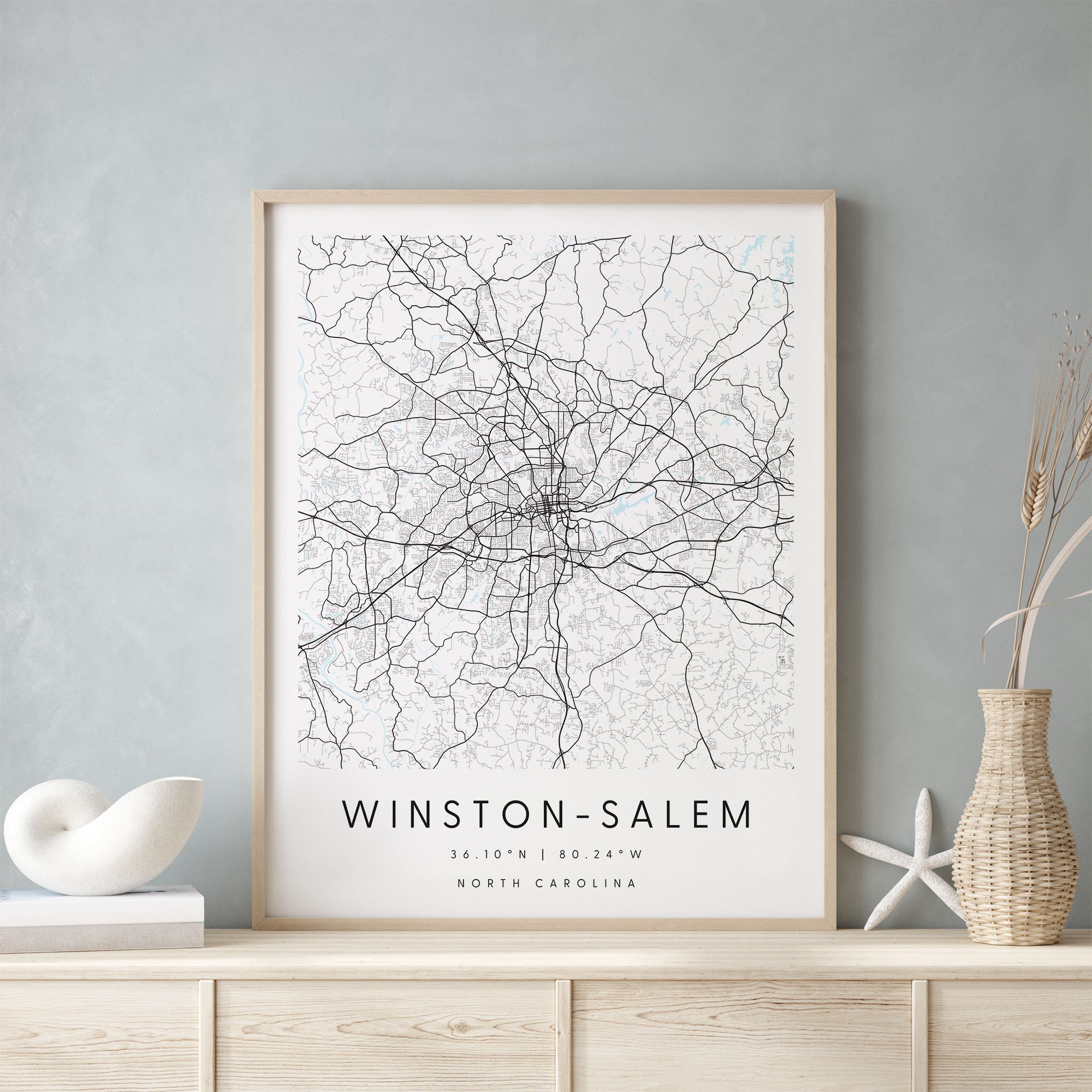 Winston-Salem North Carolina, Digital Art Map, Digital Print Poster, Blue and White City Map, Unique, Gift Map, Contemporary Map, Modern Map