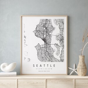 Seattle Washington, Digital Art Map, Digitaldruck Poster, Schwarz-Weiß Stadt karte, Unikat, Geschenkkarte, Zeitgenössische Karte, Moderne Karte